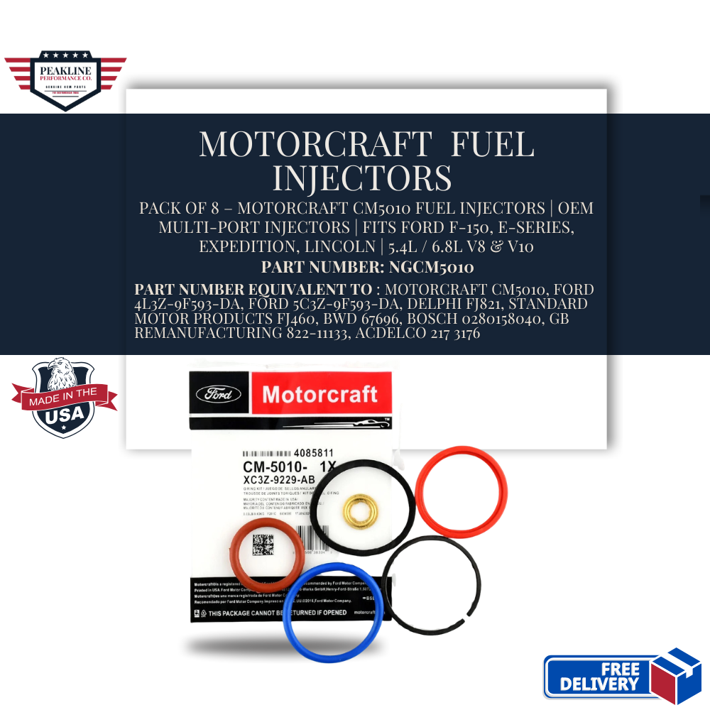 Pack of 8 – Motorcraft CM5010 Fuel Injectors | OEM Multi-Port Injectors | Fits Ford F-150, E-Series, Expedition, Lincoln | 5.4L / 6.8L V8 & V10