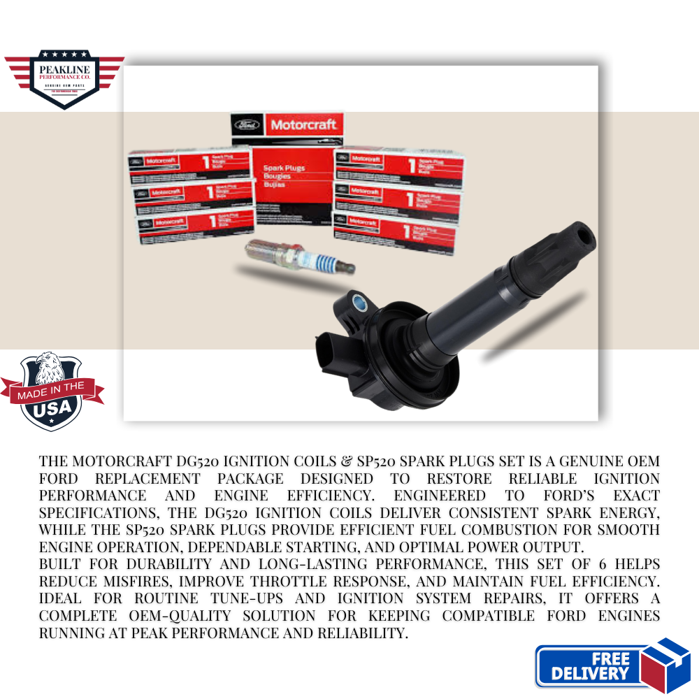 Motorcraft DG520 Ignition Coils & SP520 Spark Plugs – Set of 6 | OEM Ford Replacement