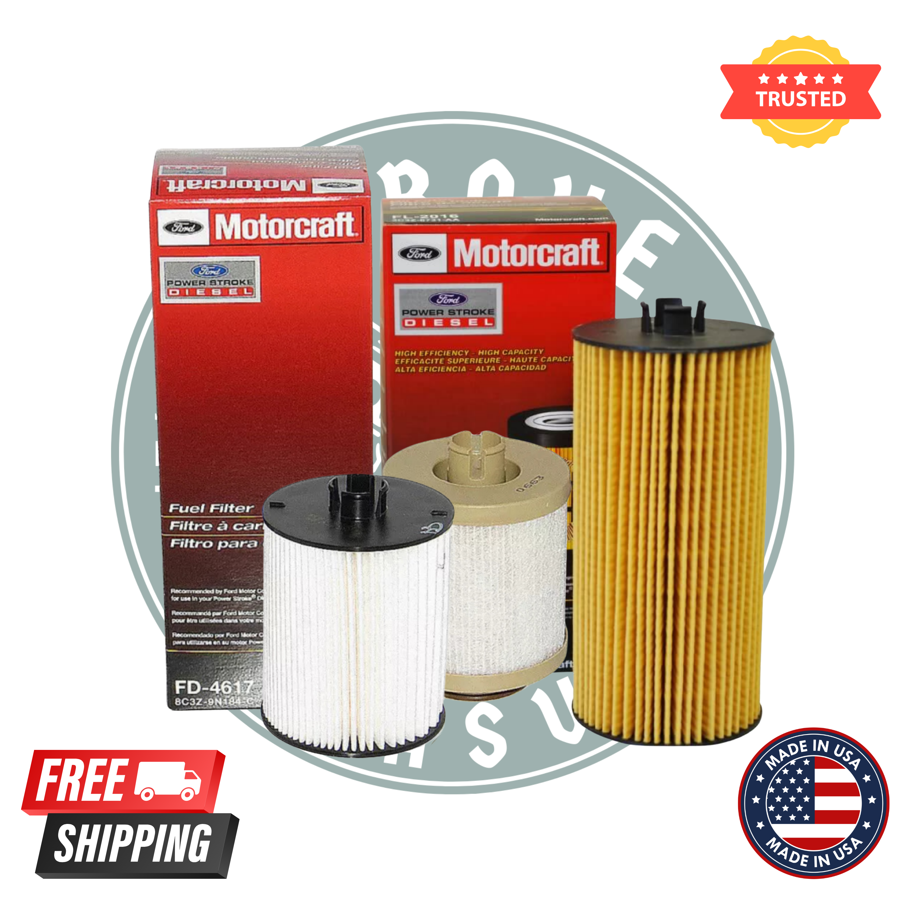 Motorcraft FD-4617 and FL-2016 filter kit
Ford 6.7L Powerstroke maintenance filter set
Motorcraft diesel fuel and oil filter combo
Powerstroke service filter kit replacement